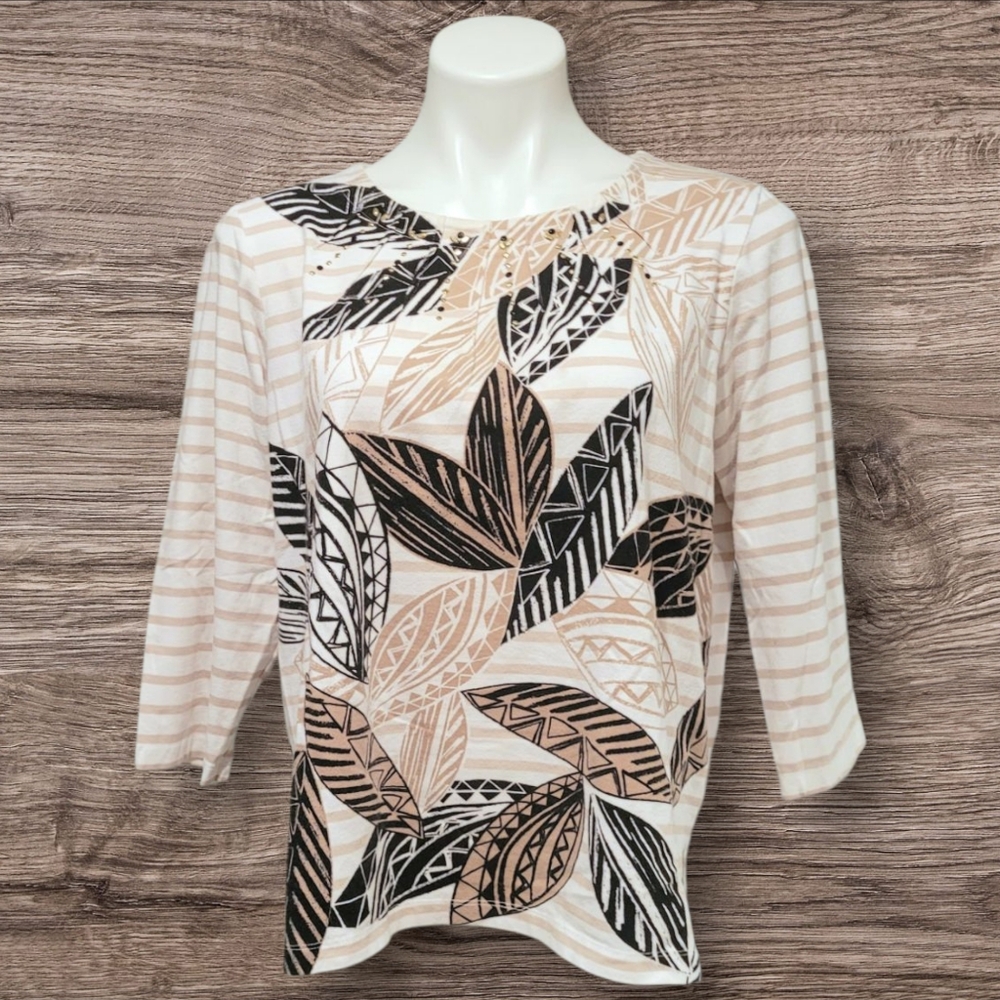 Alfred Dunner Womens Petite PL 3/4 Sleeve Embellished Stripe Top